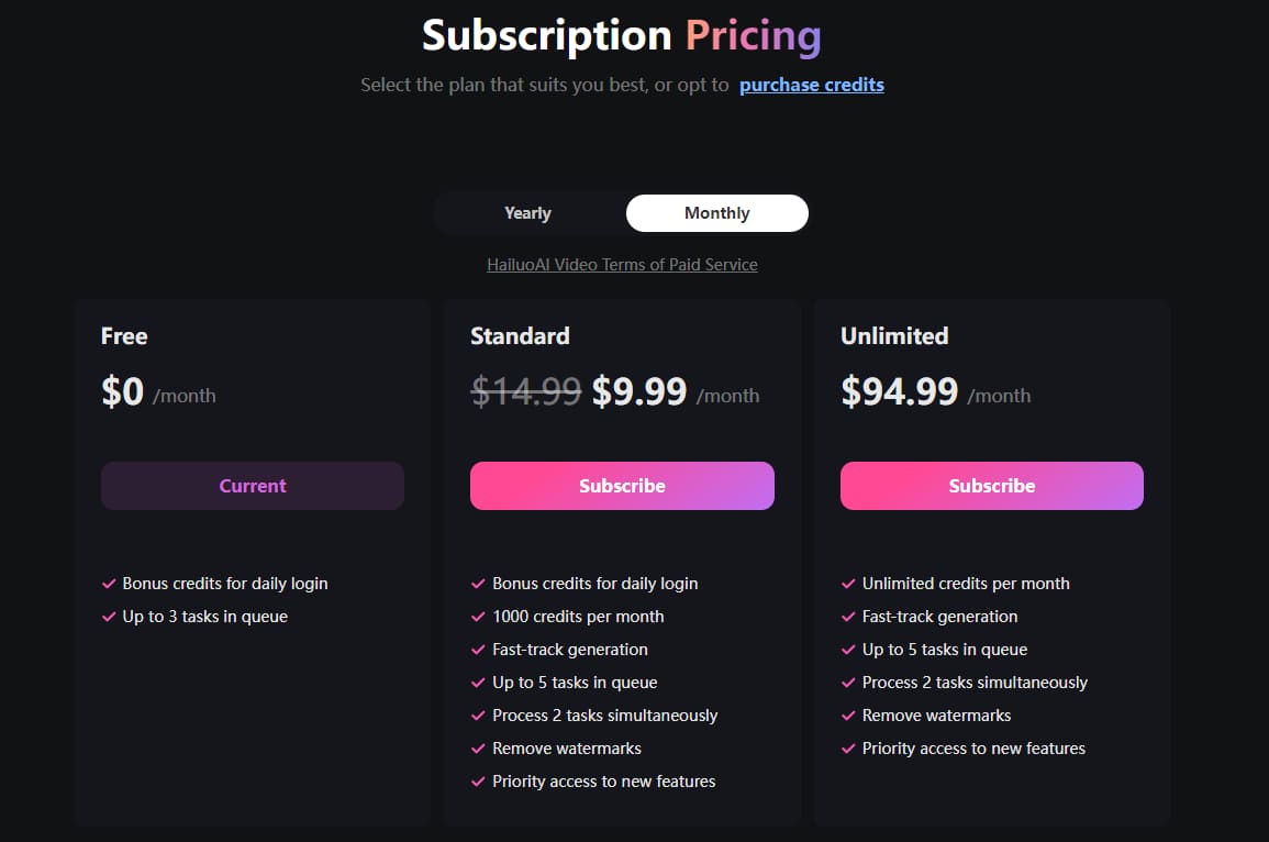 MiniMax Hailuo AI Subscription Pricing Plan